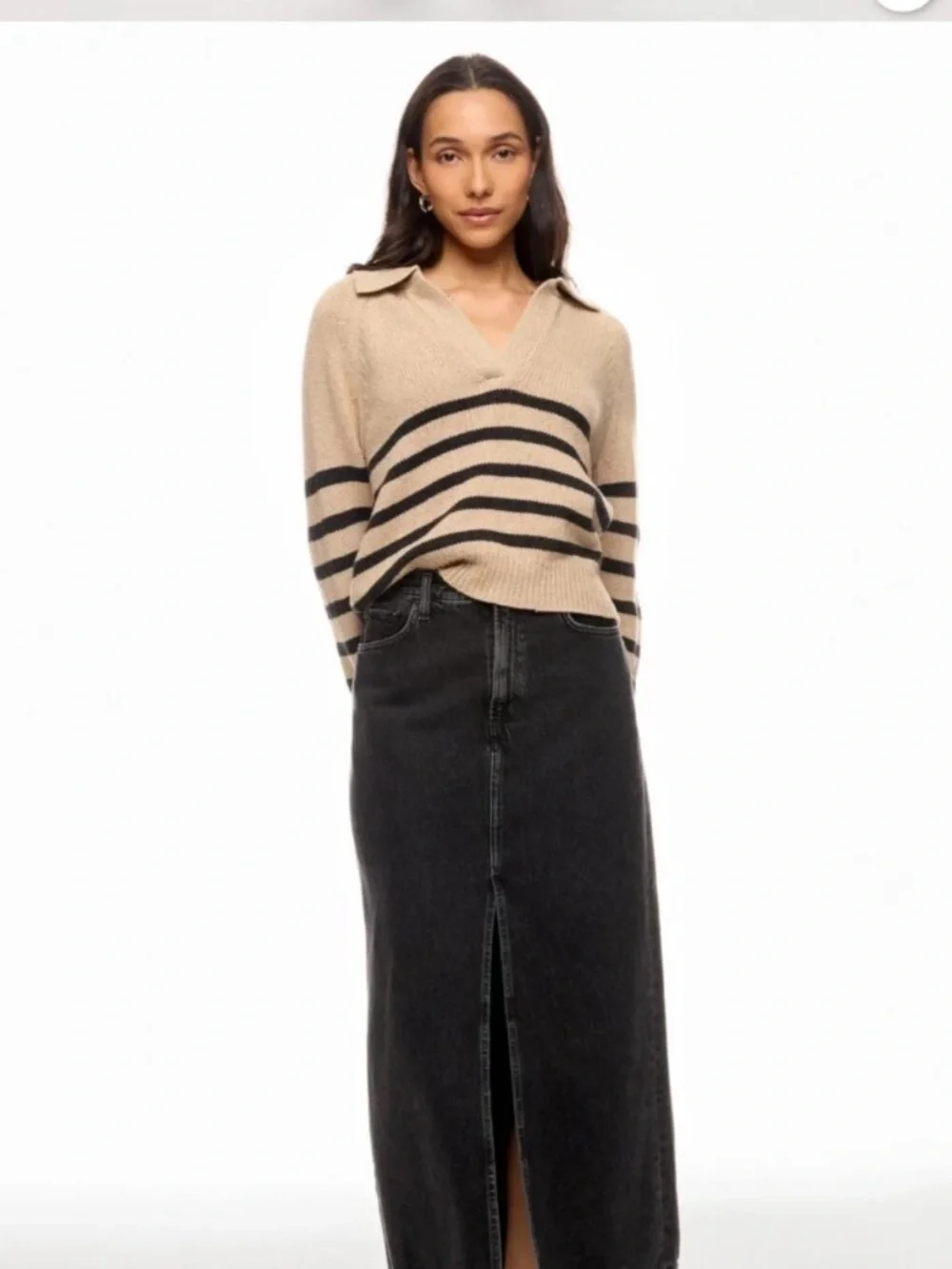 Marine Layer Relaxed Striped Berkeley Sweater Polo Size Small Beige Charcoal S